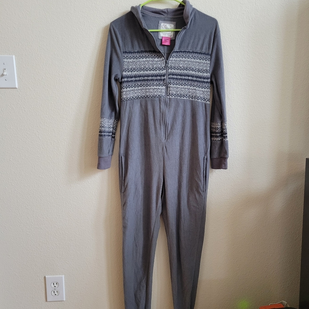 Bottoms Out Gal Adult Hooded One Piece PJs Size Small Gray W Pattern & Pockets